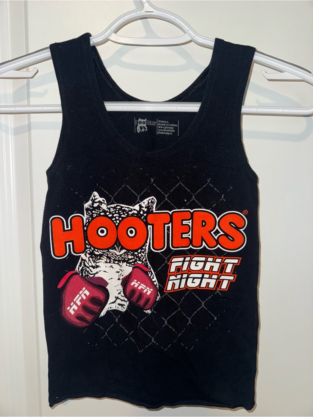 Hooters Black Tank with Orange Logo and Red Gloves Graphic